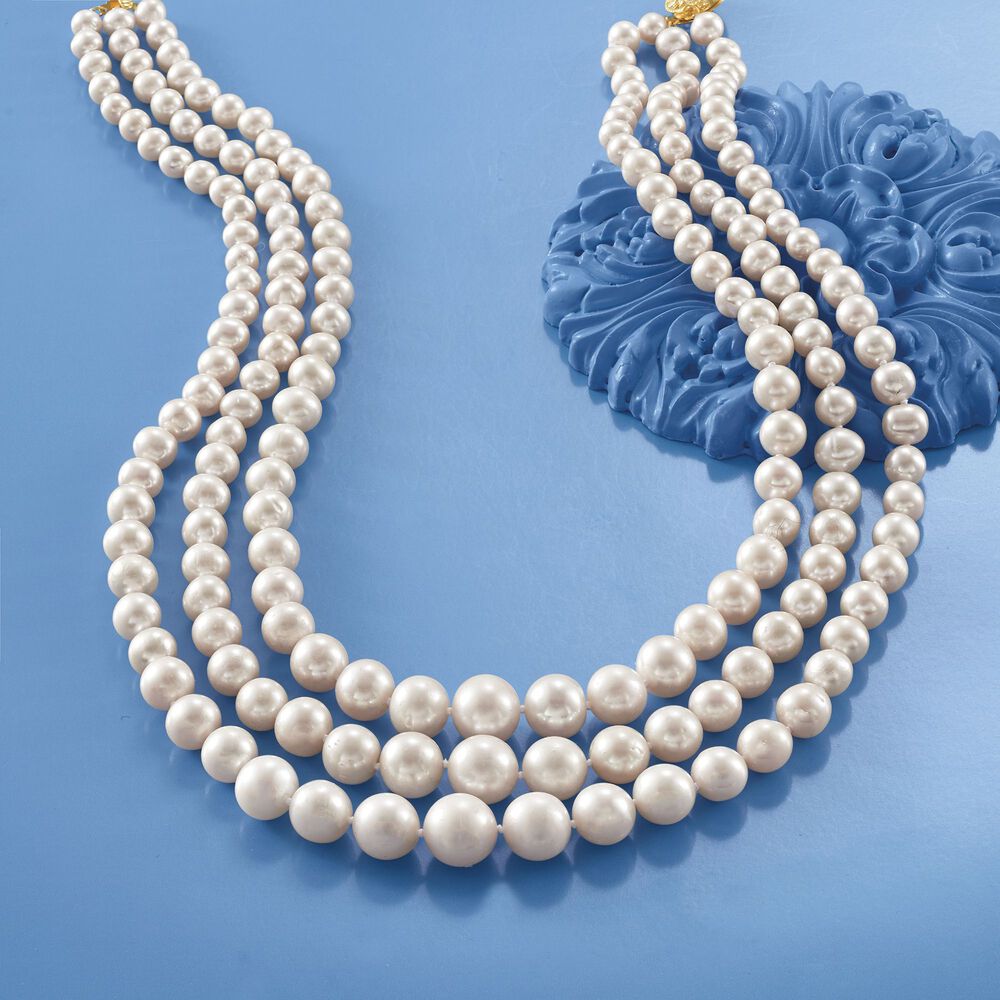 6-11.5mm Cultured Pearl Graduated Three-Strand Necklace with 14kt Yellow Gold