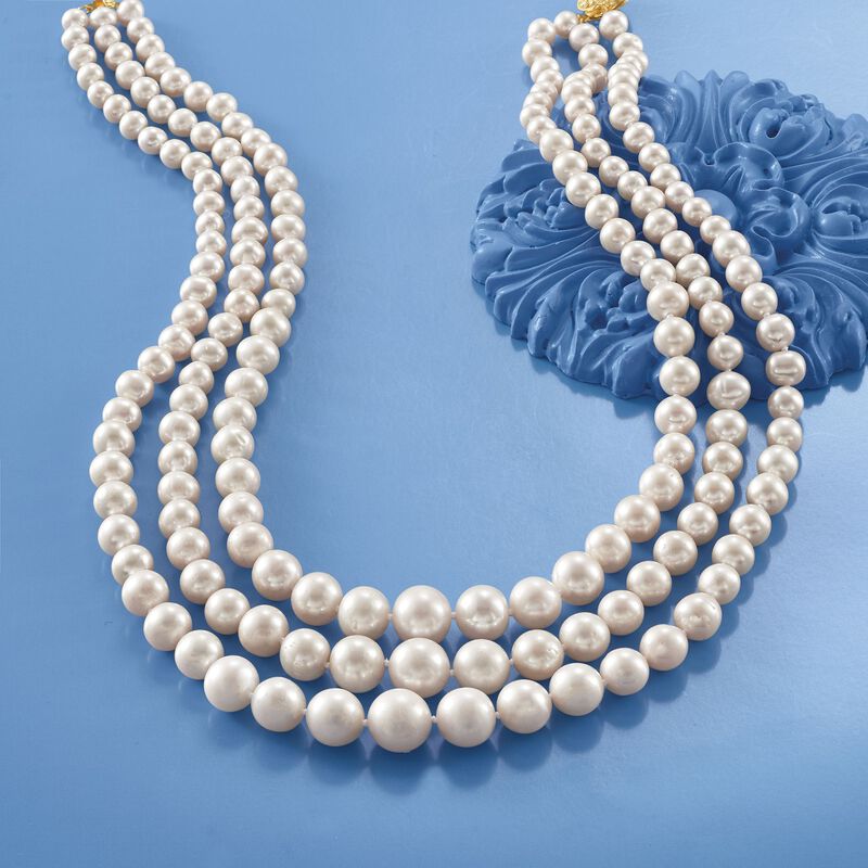 6-11.5mm Cultured Pearl Graduated Three-Strand Necklace with 14kt Yellow Gold image number 4
