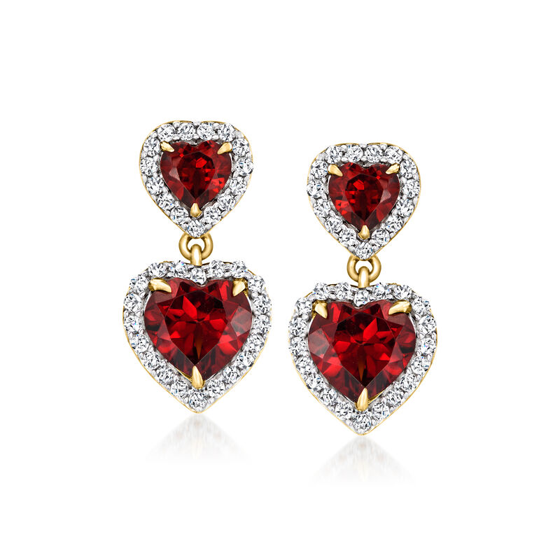 2.40 ct. t.w. Garnet and .60 ct. t.w. White Zircon Heart Drop Earrings in 18kt Gold Over Sterling  image number 0