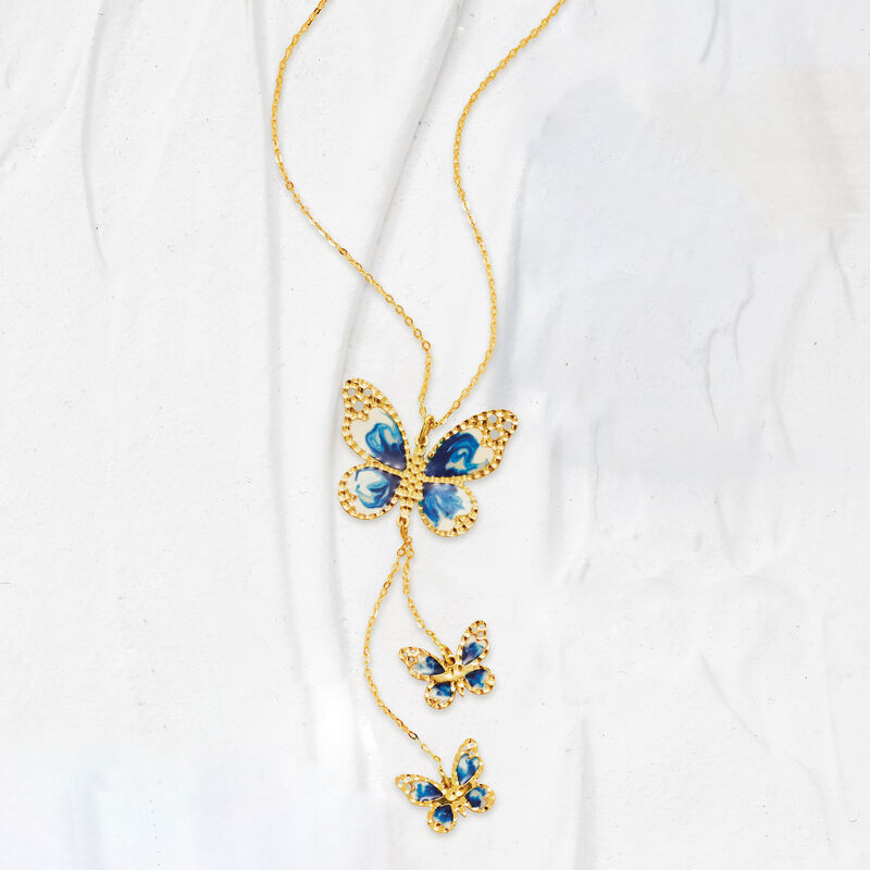 Italian 14kt Yellow Gold Butterfly Necklace with Blue and White Enamel image number 2