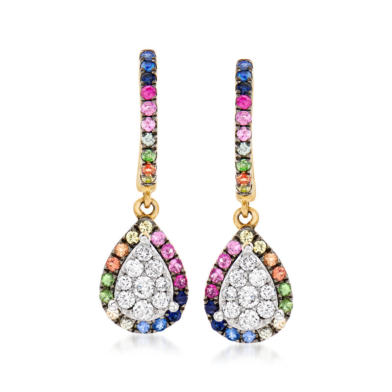 .40 ct. t.w. Multicolored Sapphire and .30 ct. t.w. Diamond Drop Earrings with Tsavorite Accents in 14kt Yellow Gold  image number 0