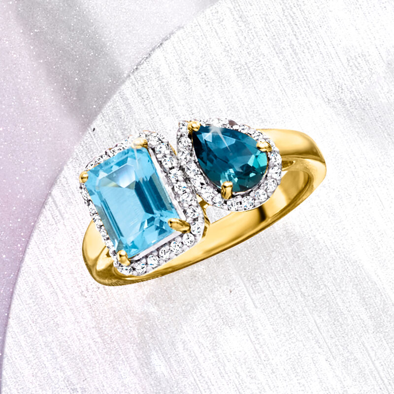 1.60 Carat Swiss Blue Topaz and .60 Carat London Blue Topaz Toi et Moi Ring with .20 ct. t.w. White Topaz in 18kt Gold Over Sterling image number 3