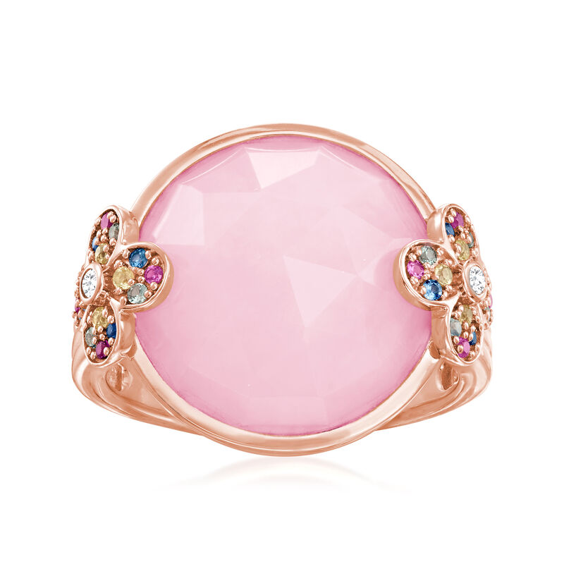 Pink Opal and .24 ct. t.w. Multicolored Sapphire Floral Ring with White Zircon Accents in 18kt Rose Gold Over Sterling image number 0