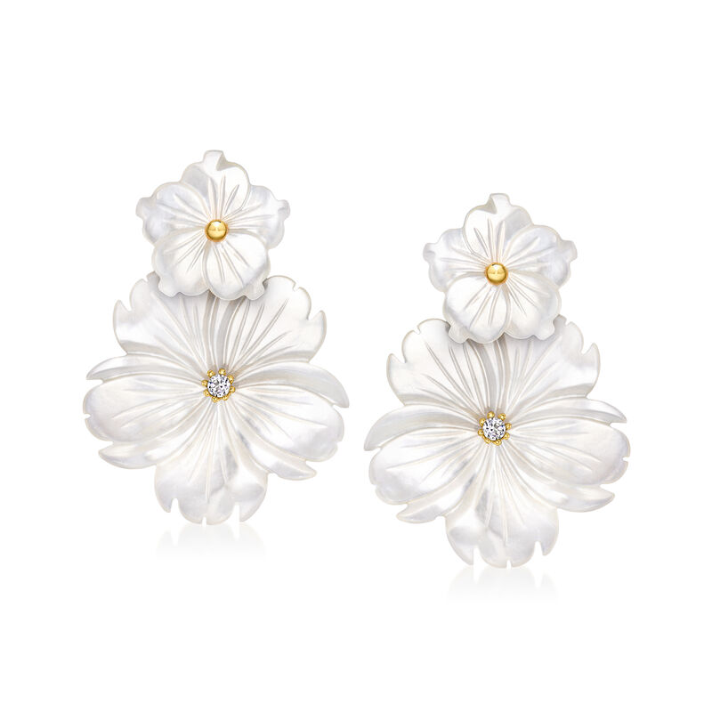 Mother-of-Pearl and .20 ct. t.w. White Topaz Flower Removable Drop Earrings with 18kt Gold Over Sterling image number 4