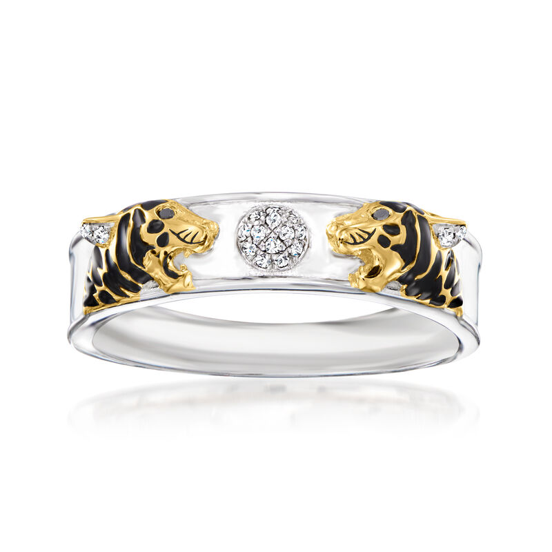 Black and White Diamond Tiger Ring with Black Enamel in Two-Tone Sterling Silver image number 0