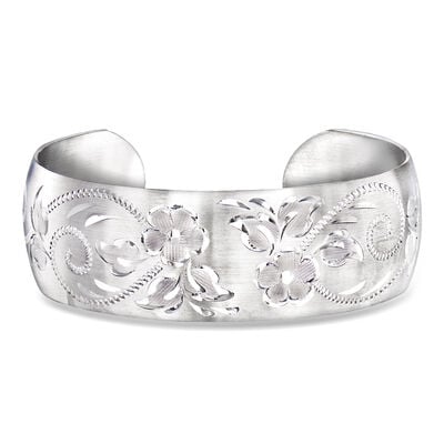 Sterling Silver Floral Wide Cuff Bracelet
