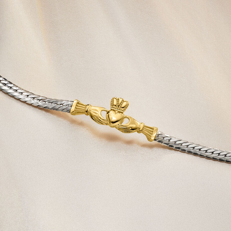 Sterling Silver and 18kt Gold Over Sterling Claddagh Cuban-Link Bracelet image number 2