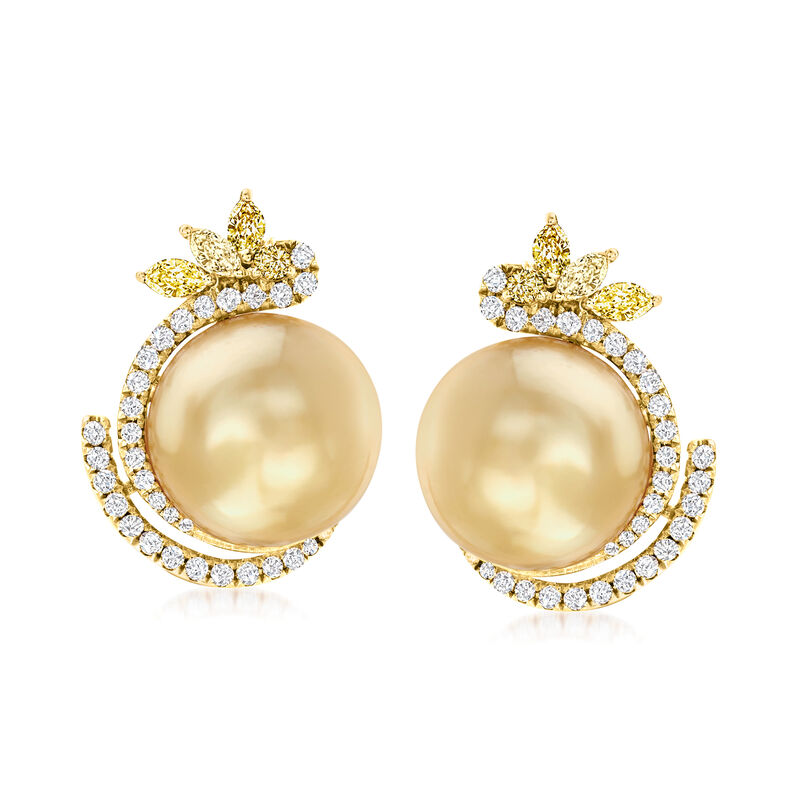 12-12.5mm Golden Cultured South Sea Pearl and .82 ct. t.w. Multicolored Diamond Earrings in 18kt Yellow Gold  image number 0