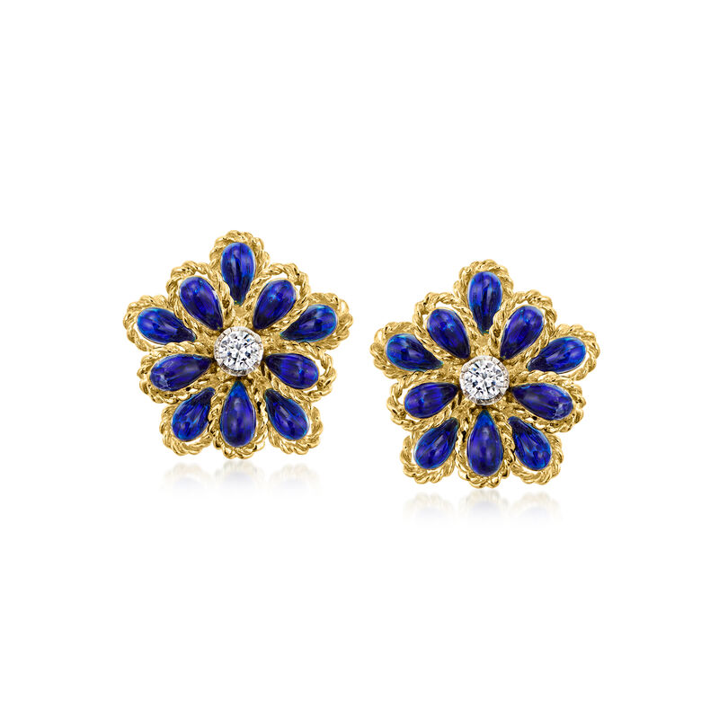 C. 1980 Vintage .30 ct. t.w. Diamond and Blue Enamel Flower Earrings in 18kt Yellow Gold  image number 0