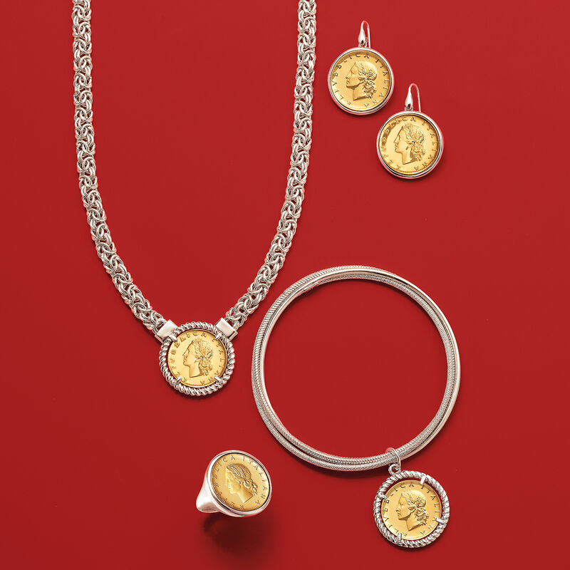 Italian Two-Tone Sterling Silver Replica Lira Coin Byzantine Necklace image number 3