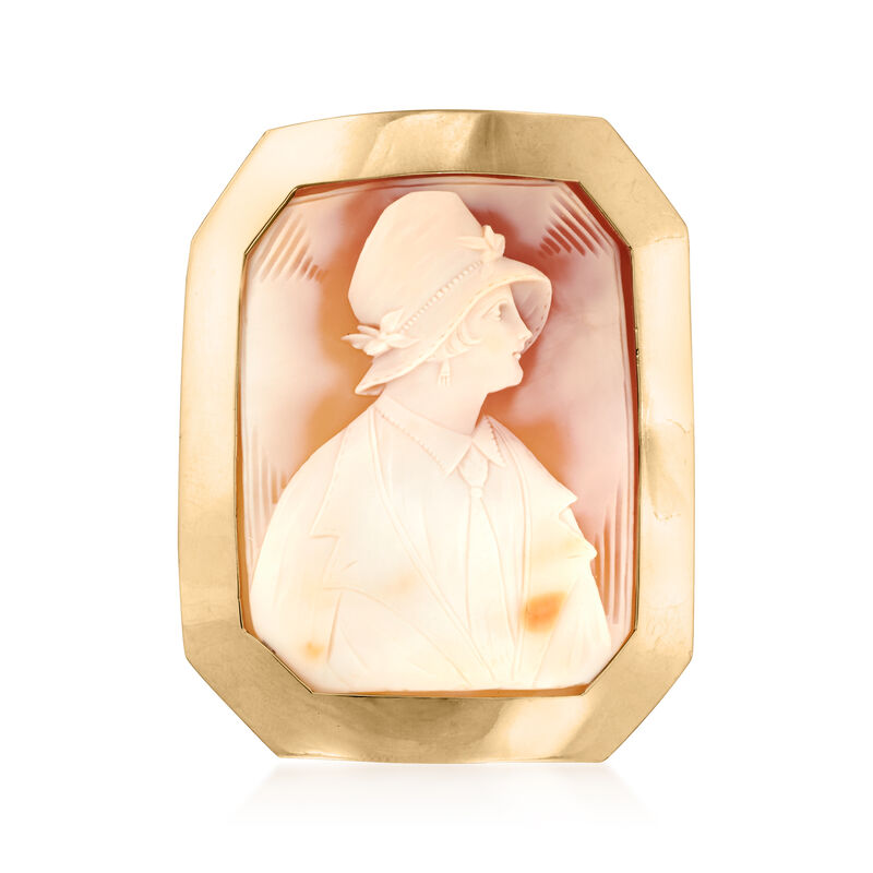C. 1960 Vintage Orange Shell Cameo Pin in 14kt Yellow Gold image number 0
