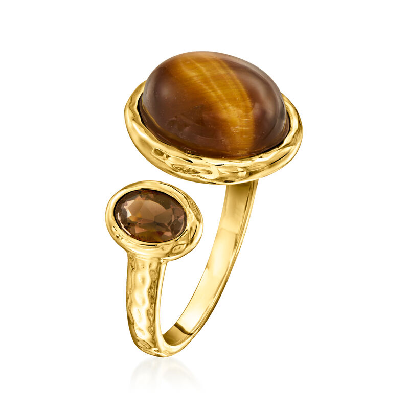 Tiger Eye and .30 Carat Smoky Quartz Toi et Moi Ring in 18kt Gold Over Sterling image number 2