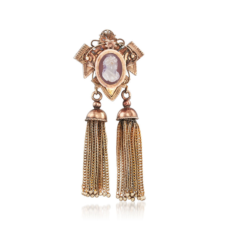 C. 1940 Vintage Pink Agate Cameo and Tassel Pin in 10kt Yellow Gold image number 0