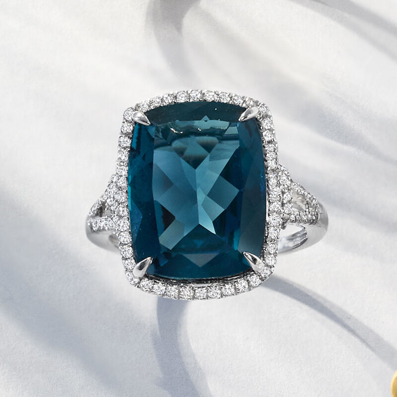 12.00 Carat London Blue Topaz and .40 ct. t.w. Diamond Ring in 14kt White Gold image number 6