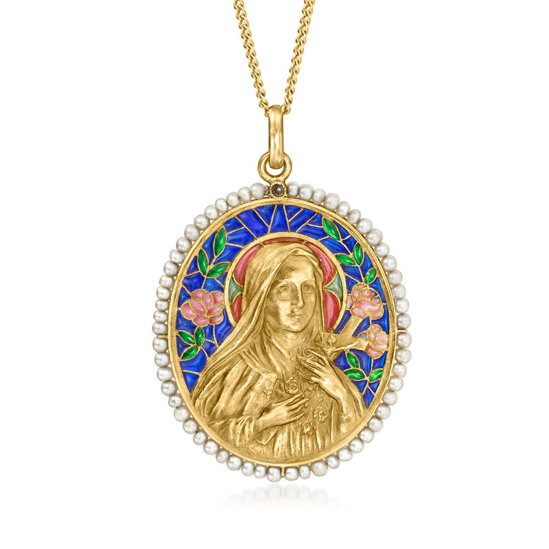 C. 1970 Vintage Multicolored Enamel Plique-A-Jour Virgin Mary Pendant Necklace with Seed Pearls in 18kt Yellow Gold image number 0