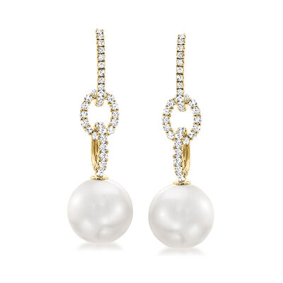 12-13mm Cultured South Sea Pearl Drop Earrings with .80 ct. t.w. Diamonds in 18kt Yellow Gold