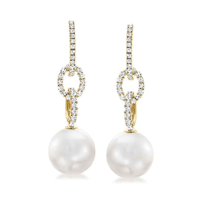 12-13mm Cultured South Sea Pearl Drop Earrings with .80 ct. t.w. Diamonds in 18kt Yellow Gold  image number 0