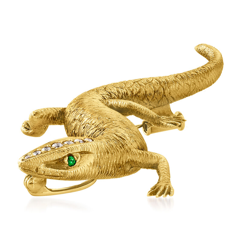 C. 1963 Vintage .10 ct. t.w. Diamond Salamander Pin in 18kt Yellow Gold with Green Garnet Accents and British Hallmark  image number 2