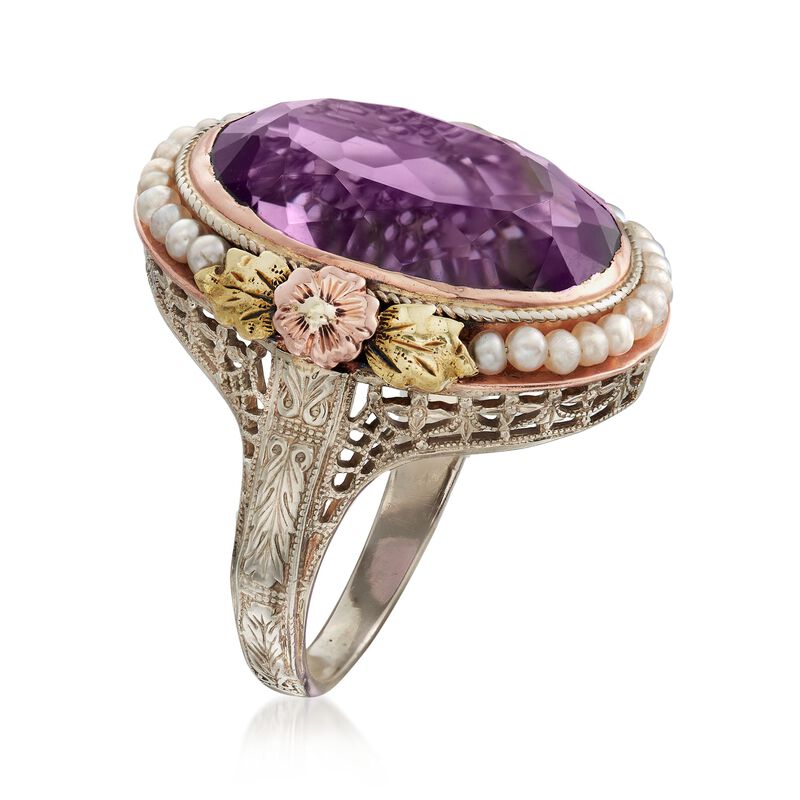 C. 1950 Vintage 11.30 Carat Amethyst and Cultured Seed Pearl Floral Ring in 14kt Tri-Colored Gold image number 2