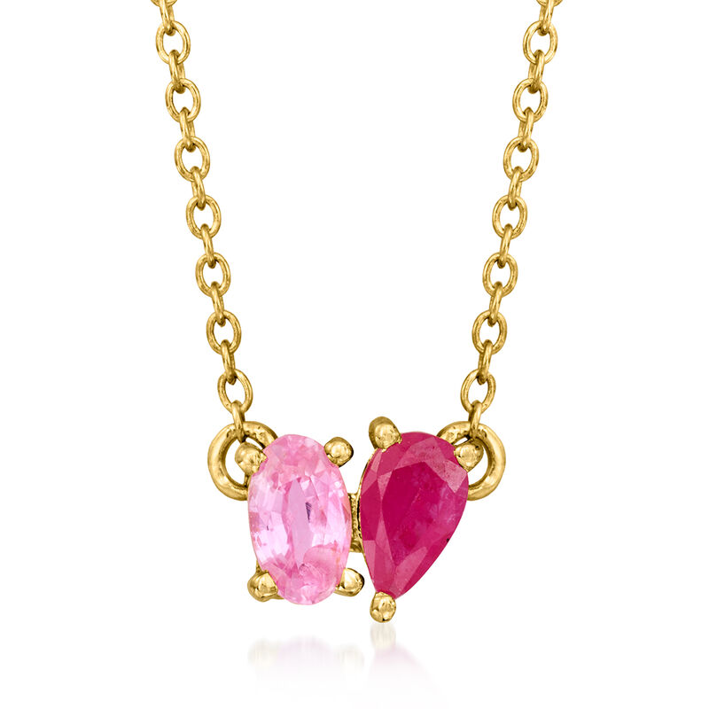 .20 Carat Pear-Shaped Ruby and .20 Carat Oval Pink Sapphire Toi et Moi Ring in 14kt Yellow Gold. 16"