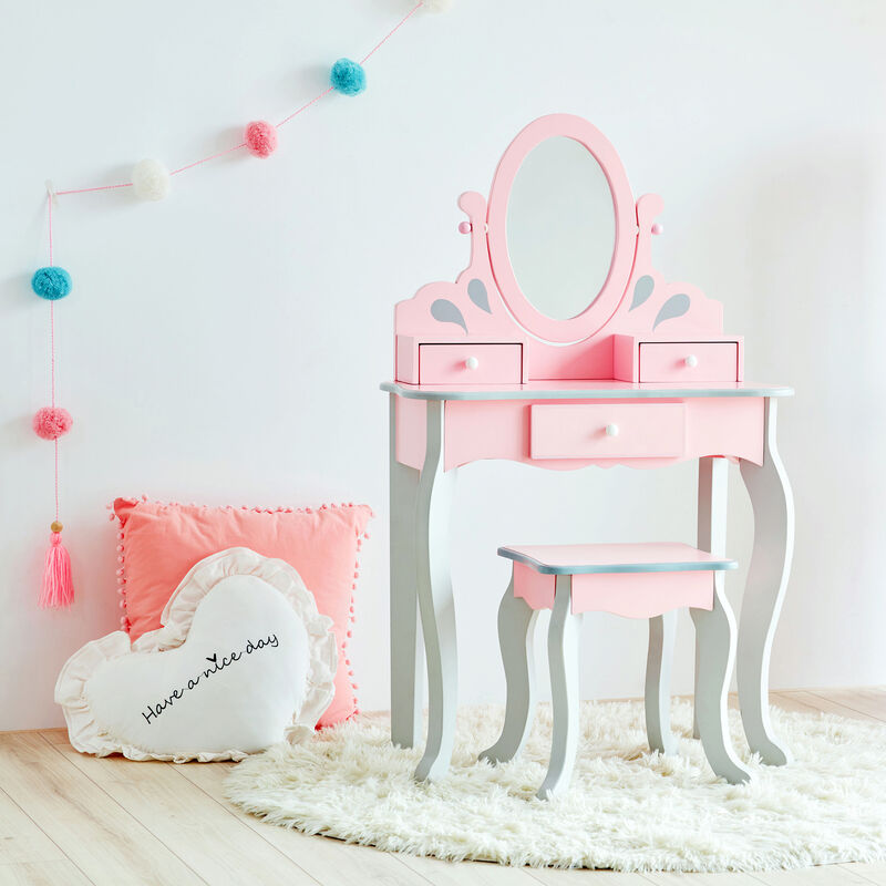 Fantasy Fields &quot;Little Princess&quot; Child's Rapunzel Pink and Gray Vanity and Stool Set image number 0