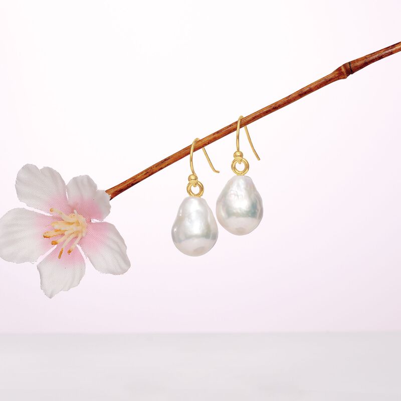 12-14mm Cultured Baroque Pearl Drop Earrings in 14kt Yellow Gold image number 2