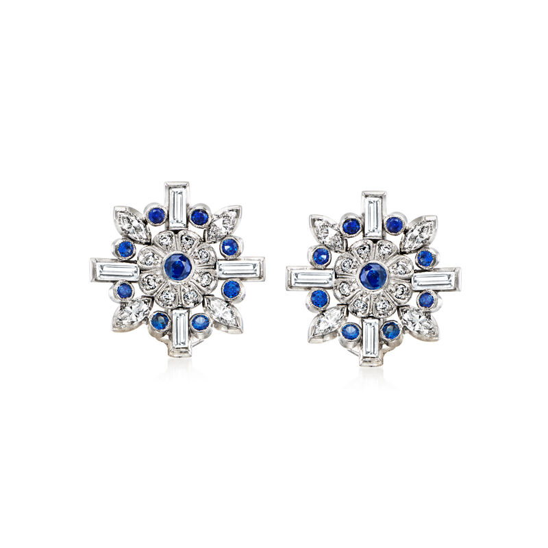 C. 1980 Vintage 2.32 ct. t.w. Diamond and .90 ct. t.w. Sapphire Cluster Clip-On Earrings in 14kt White Gold image number 0