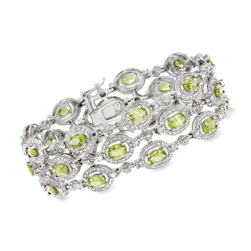10.00 ct. t.w. Peridot Three-Row Bracelet with Single Diamond in Sterling Silver. 7&quot; image number 0
