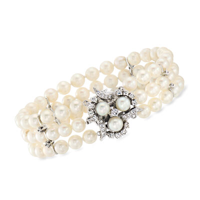 C. 1960 Vintage 6mm Cultured Pearl Three-Row Bracelet with 1.05 ct. t.w. Diamond Clasp in 14kt White Gold