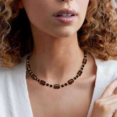 Italian Leopard-Print Murano Glass Bead Necklace in 18kt Gold Over Sterling