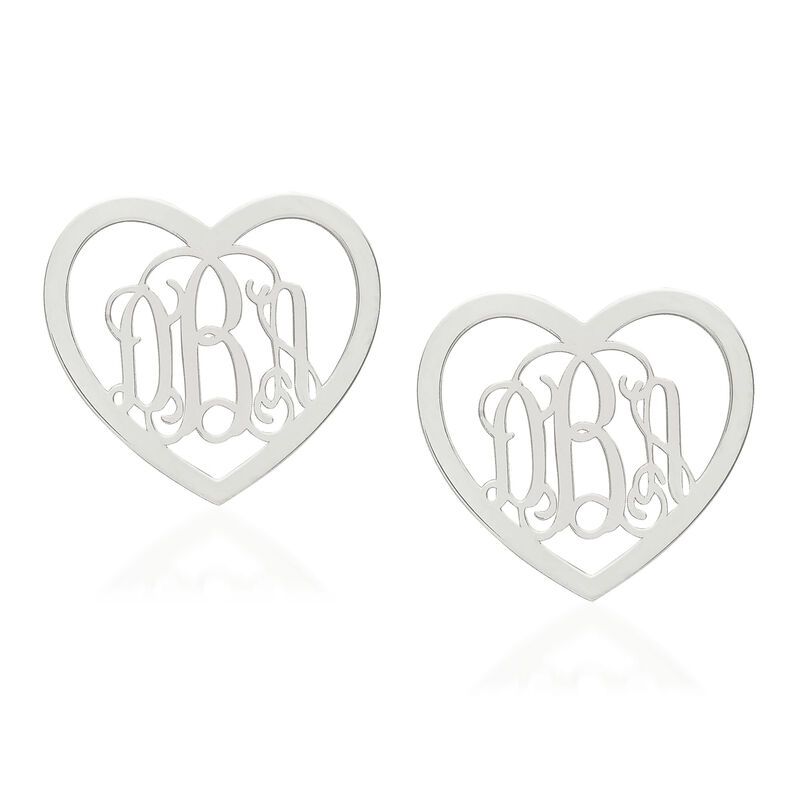 Sterling Silver Medium Laser Polished Heart Monogram Post Earrings image number 0