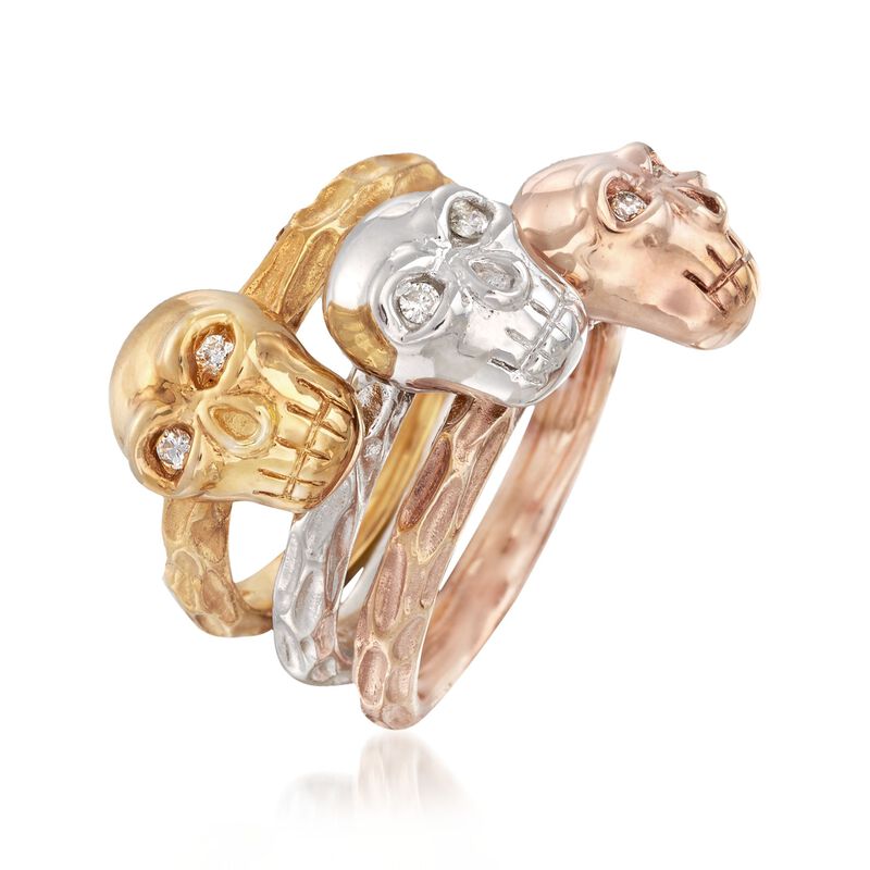 Tri-Colored Sterling Silver Skull Jewelry Set: Three Rings with .11 ct. t.w. Diamonds. Size 5 image number 3