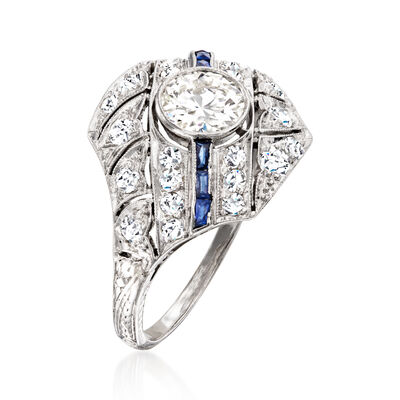 C. 1990 Vintage 1.15 ct. t.w. Diamond and .12 ct. t.w. Sapphire Filigree Ring in Platinum