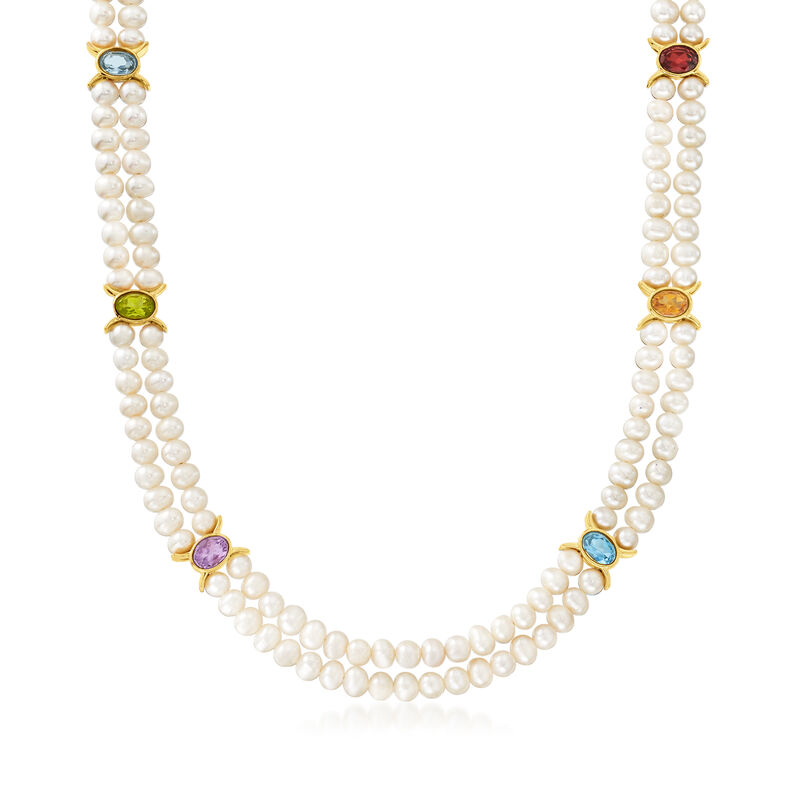 4.5-5.5mm Cultured Pearl Two-Strand Necklace with 4.80 ct. t.w. Multi-Gemstones in 18kt Gold Over Sterling image number 0