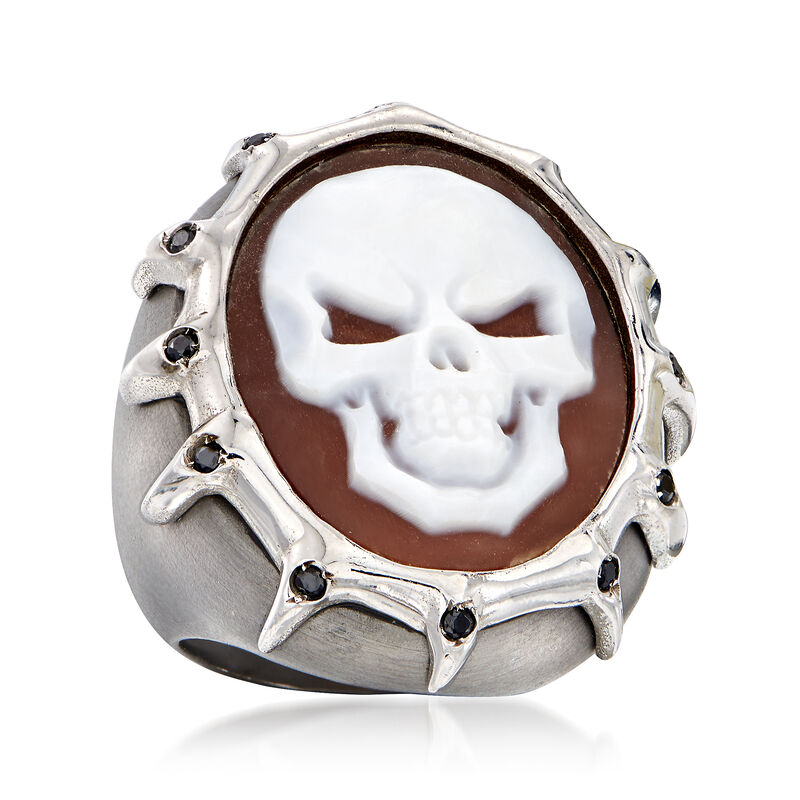 Italian .10 ct. t.w. Black CZ Skull Cameo Ring in Sterling Silver image number 3