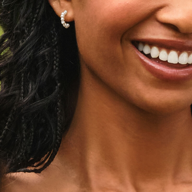3-3.5mm Cultured Pearl C-Hoop Earrings in 14kt Yellow Gold. 1/2&quot; image number 5