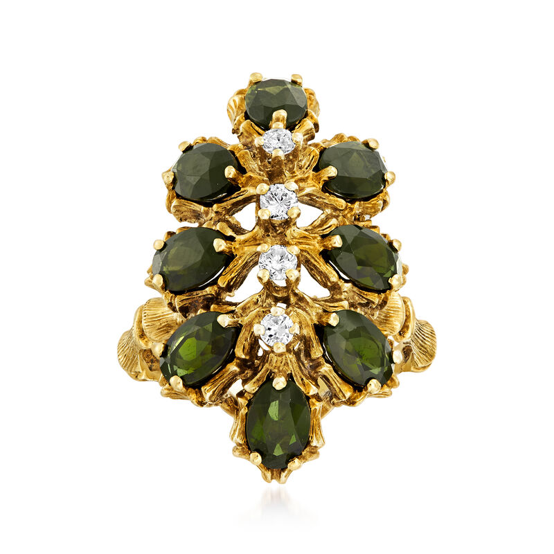 C. 1970 Vintage 3.20 ct. t.w. Green Tourmaline and .25 ct. t.w. Diamond Cluster Ring in 14kt Yellow Gold. Size 7.5 image number 0