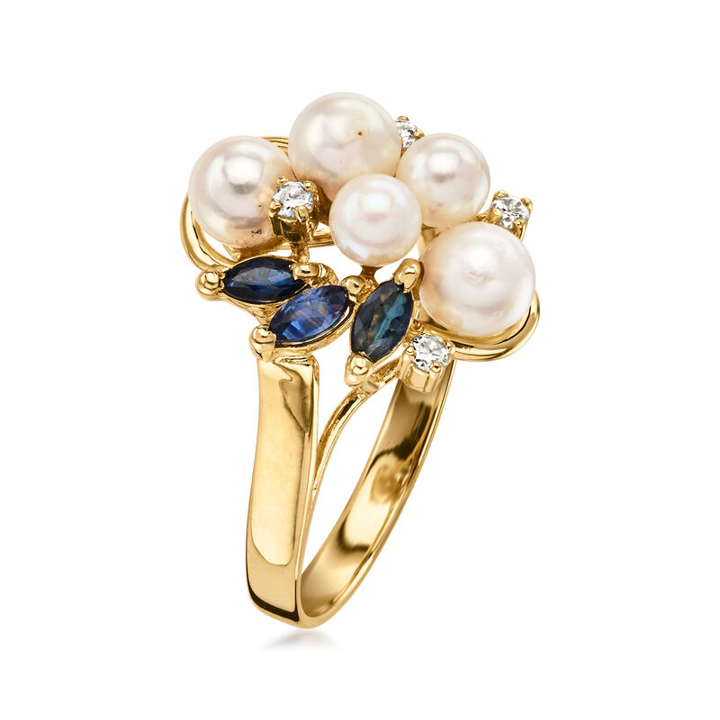 C. 1970 Vintage 4.5-5.5mm Cultured Pearl and .15 ct. t.w. Sapphire Cluster Ring with Diamonds in 14kt Yellow Gold. Size 5.75 image number 2