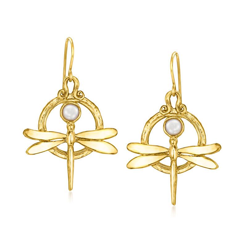 4.5-5mm Cultured Pearl Dragonfly Drop Earrings in 18kt Gold Over Sterling  image number 0
