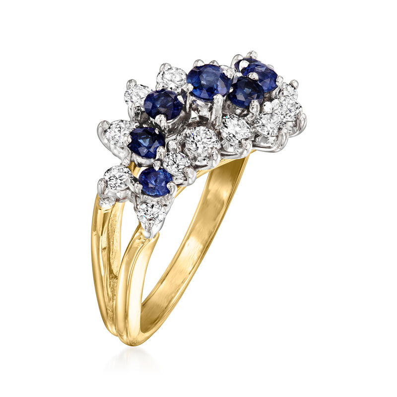 C. 1986 Vintage .75 ct. t.w. Sapphire and .60 ct. t.w. Diamond Wave Ring in 18kt Yellow Gold with British Hallmark image number 2