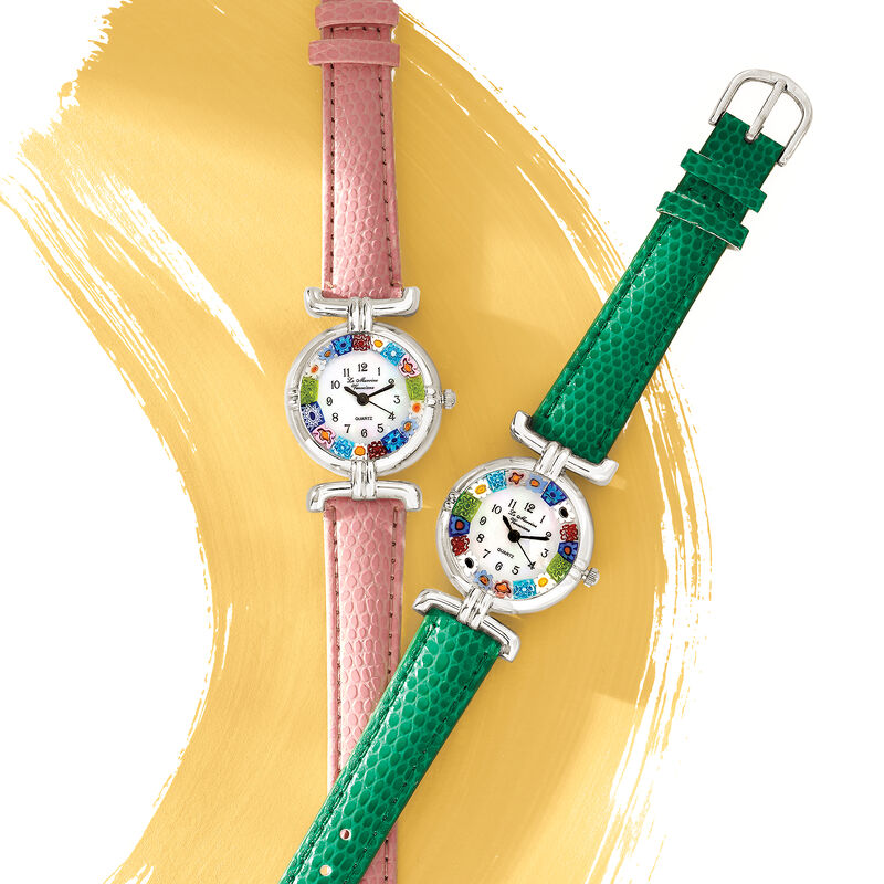 Italian Woman's Floral Multicolored Murano Glass 26mm Watch with Pink Leather image number 2