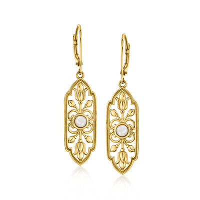 14kt Yellow Gold-Plated Floral Openwork Drop Earrings with 4mm Cultured Pearls
