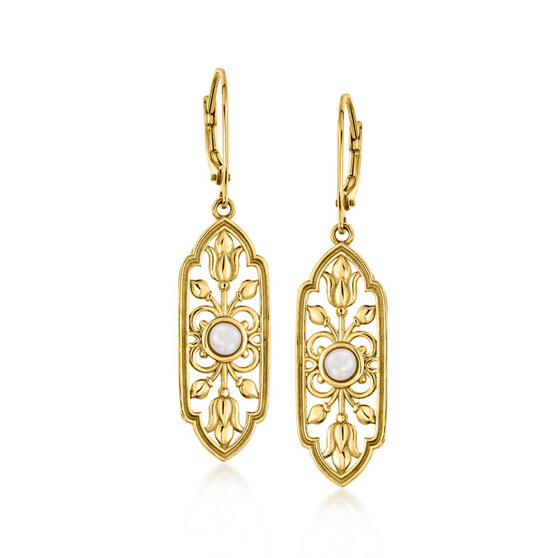 14kt Yellow Gold-Plated Floral Openwork Drop Earrings with 4mm Cultured Pearls image number 0