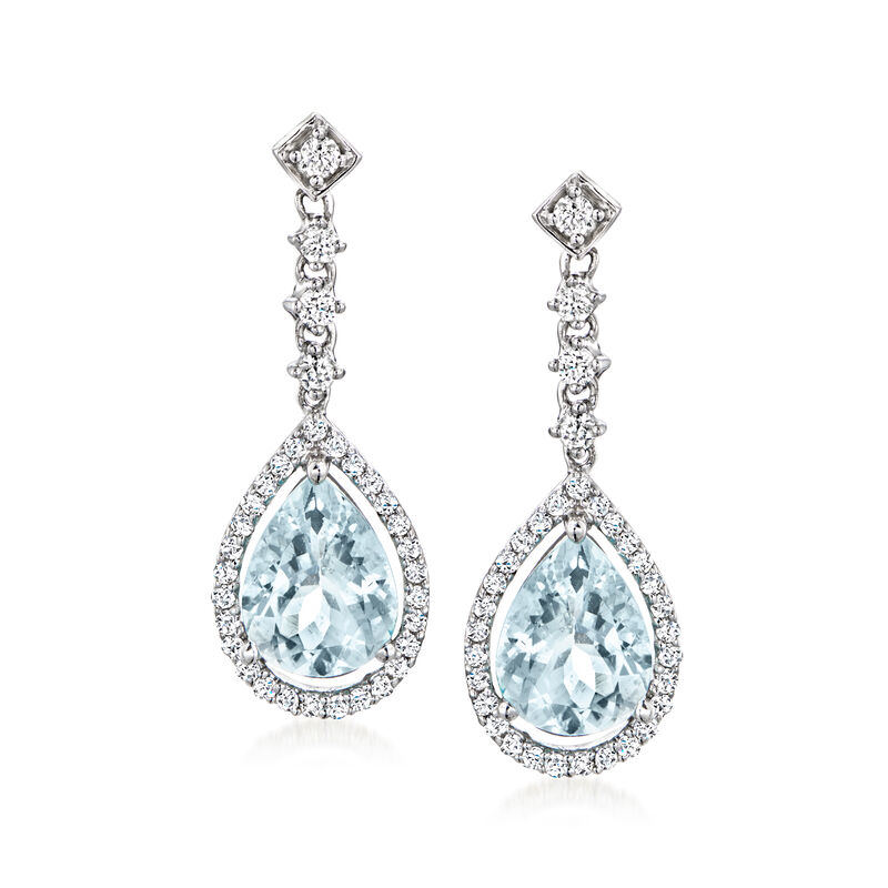 3.20 ct. t.w. Aquamarine Drop Earrings with .46 ct. t.w. Diamonds in 14kt White Gold  image number 0