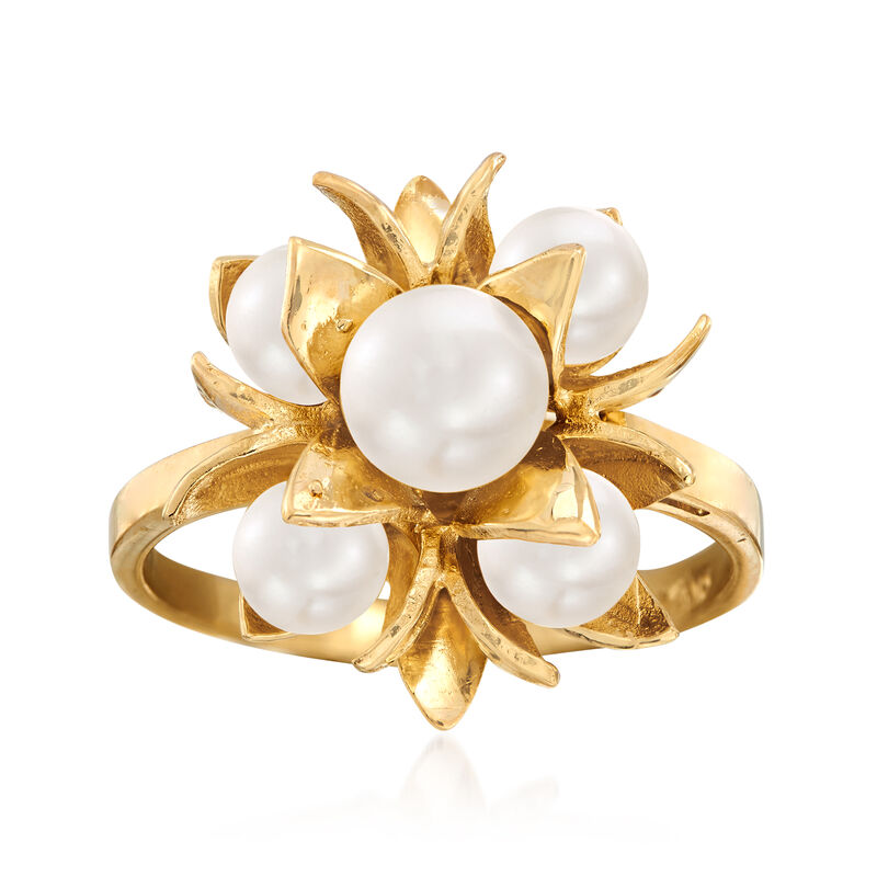 C. 1970 Vintage 5x6mm Cultured Akoya Pearl Flower Cluster Ring in 14kt Yellow Gold. Size 7 image number 0