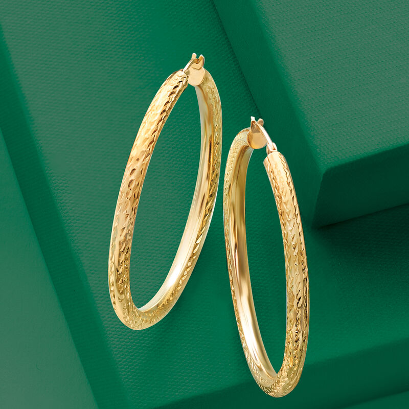 4mm 14kt Yellow Gold Diamond-Cut Hoop Earrings. 2&quot; image number 3