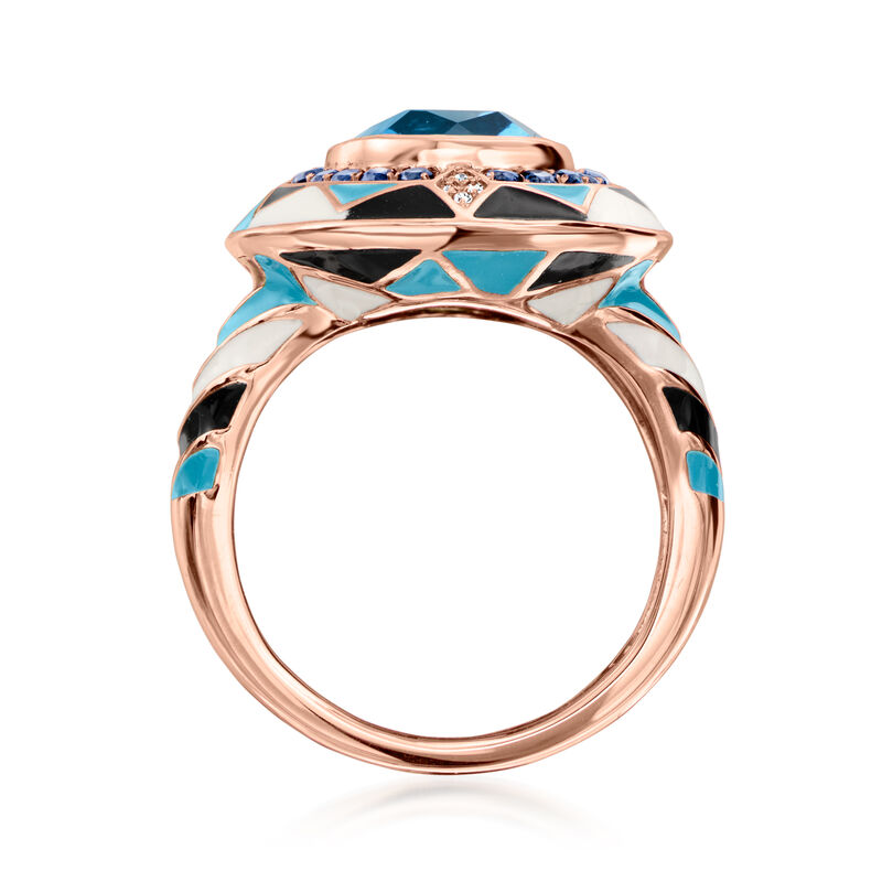 C. 1980 Vintage 5.50 Carat Swiss Blue Topaz and .50 ct. t.w. Sapphire Ring with Diamonds and Multicolored Enamel in 14kt Rose Gold. Size 7 image number 3