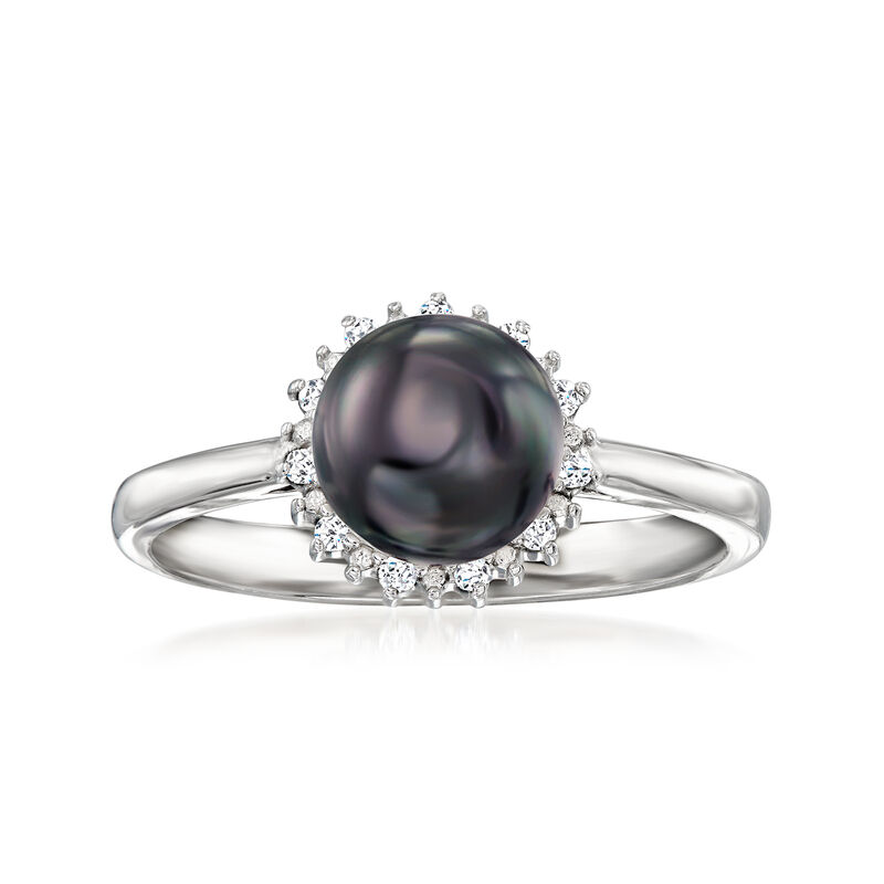 7-7.5mm Black Cultured Pearl Ring with Diamonds in Sterling Silver image number 0