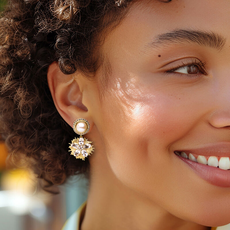 7.5-8mm Cultured Pearl and 7.50 ct. t.w. White Topaz Drop Earrings in 18kt Gold Over Sterling  image number 1