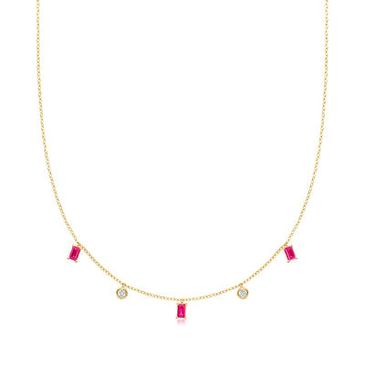 .90 ct. t.w. Lab-Grown Ruby and .20 ct. t.w. Lab-Grown Diamond Station Necklace in 18kt Gold Vermeil